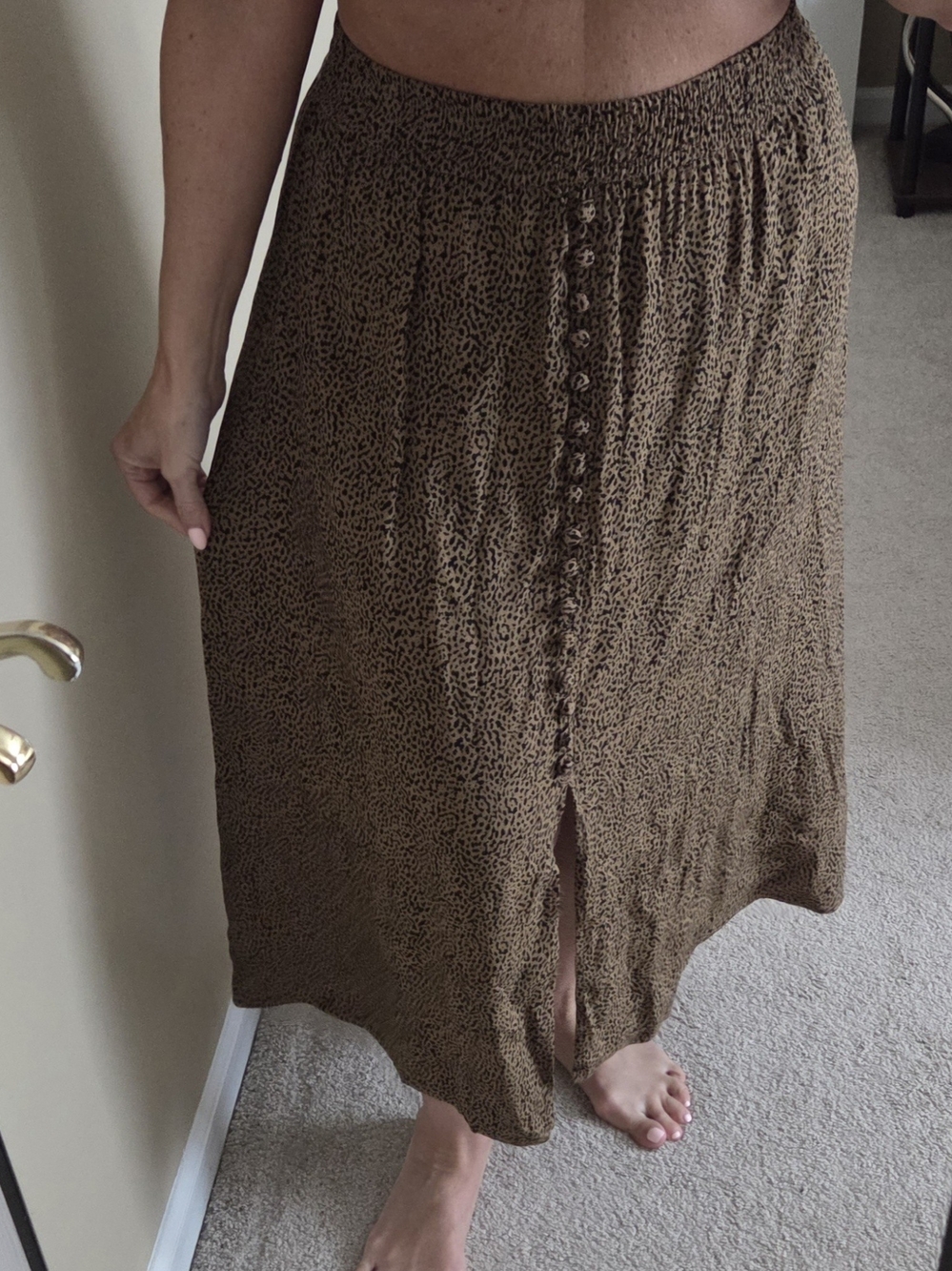 LOFT Brown Animal Print Button-Front Midi Skirt with Subtle Print